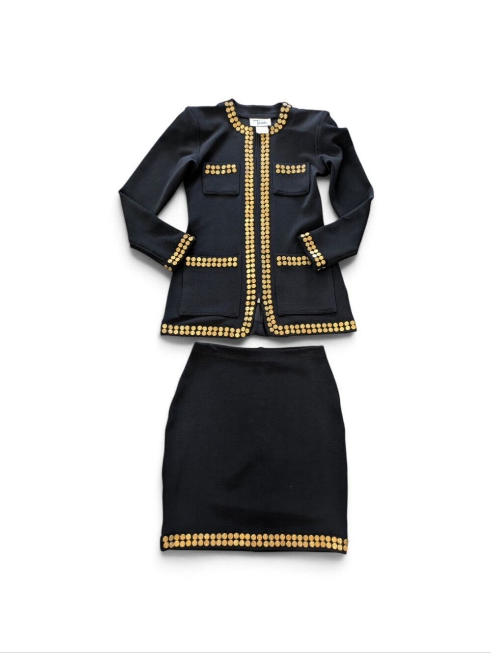 Tadashi Vintage Black Gold Disc 2 Piece Skirt Suit Set XS